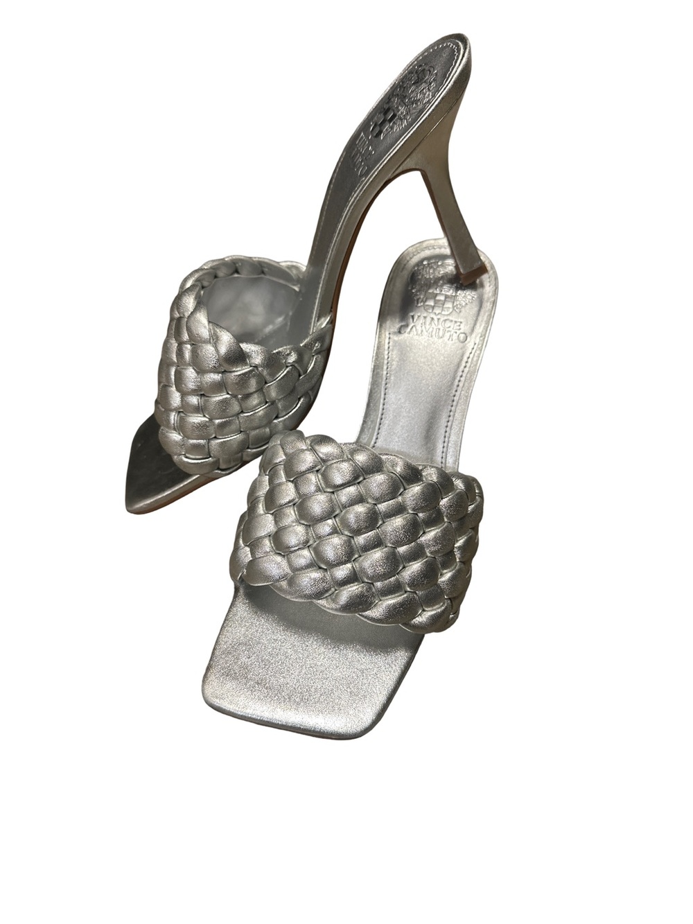 Vince Camuto Metallic Silver Braided Mule Heels